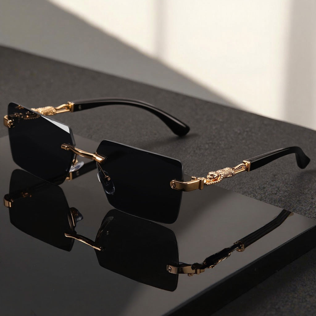 Sunglasses for Men - Luxury Frameless Gold Frame Leopard Arms UV400 Narrow Rectangular Lens - product detail view 20