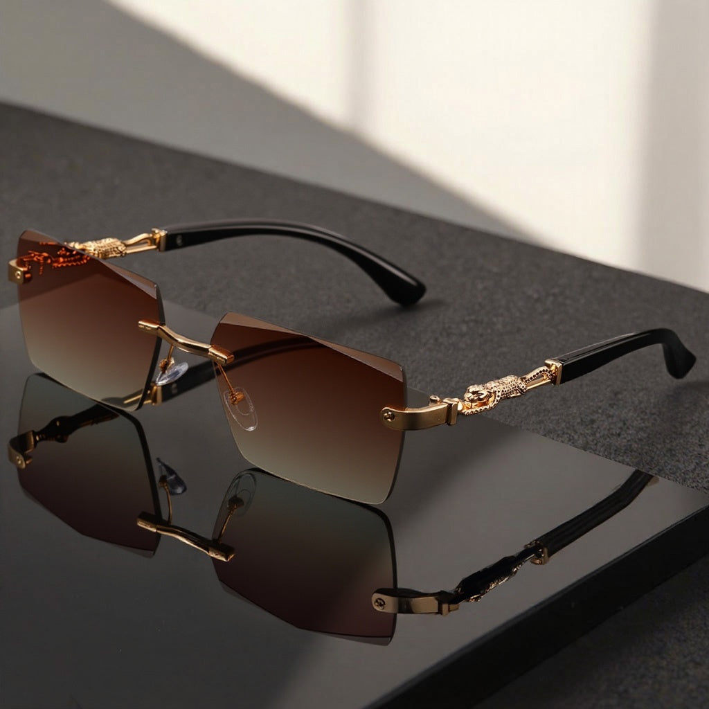 Sunglasses for Men - Luxury Frameless Gold Frame Leopard Arms UV400 Narrow Rectangular Lens - product detail view 22