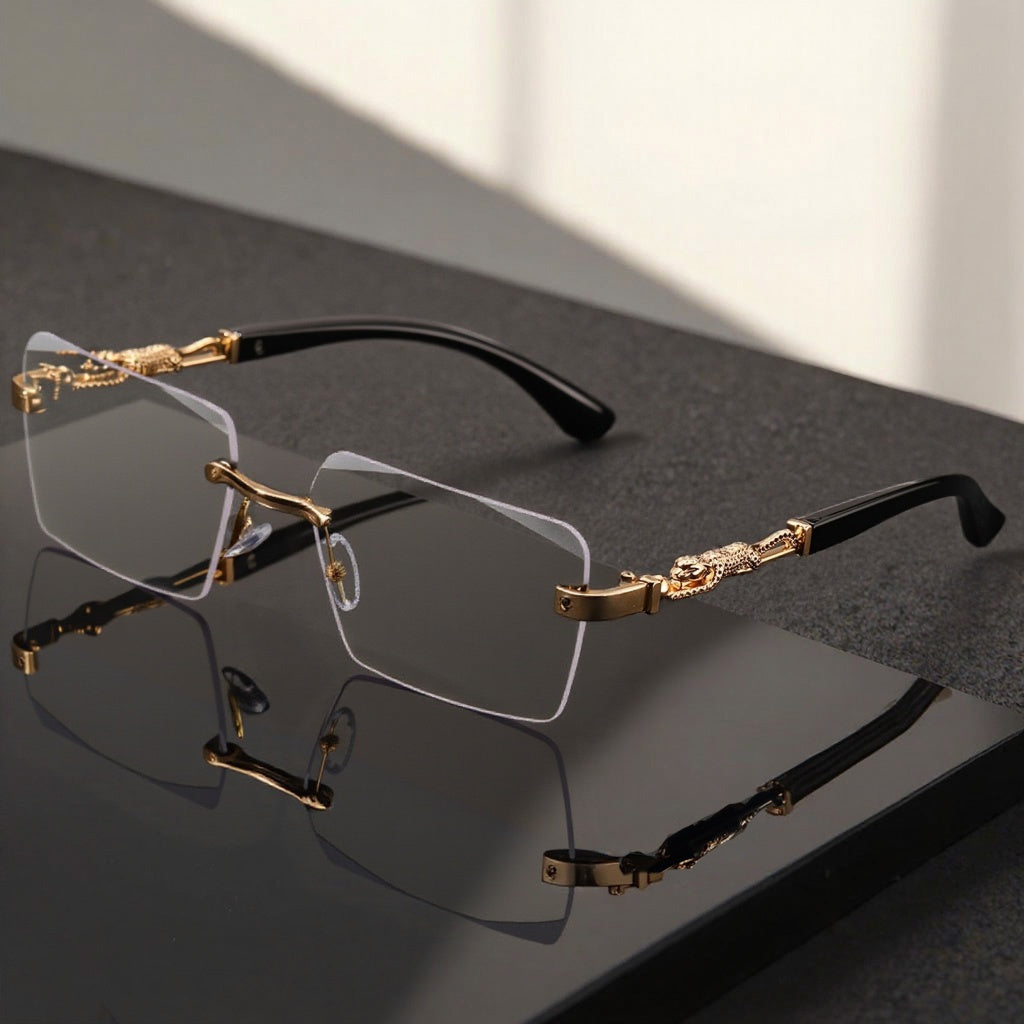 Sunglasses for Men - Luxury Frameless Gold Frame Leopard Arms UV400 Narrow Rectangular Lens - product detail view 23
