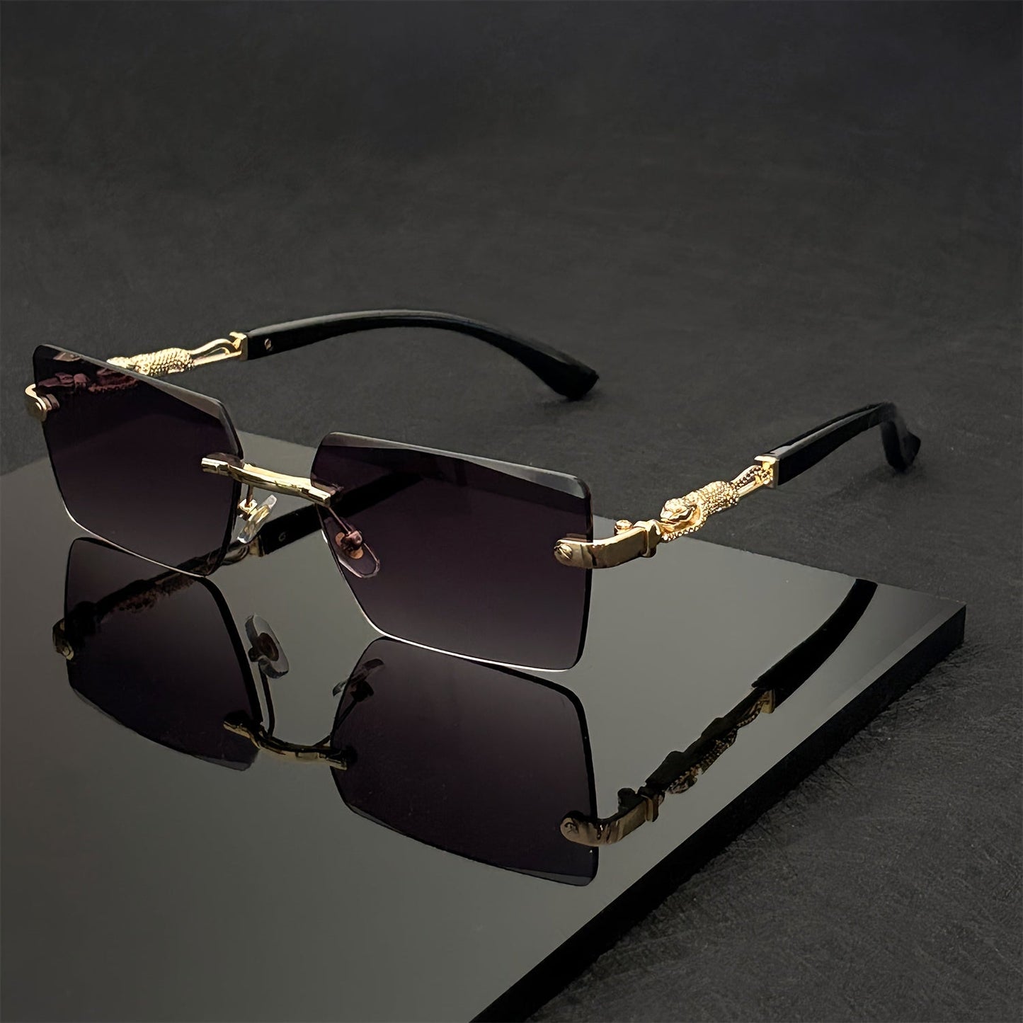 Sunglasses for Men - Luxury Frameless Gold Frame Leopard Arms UV400 Narrow Rectangular Lens - product detail view 24