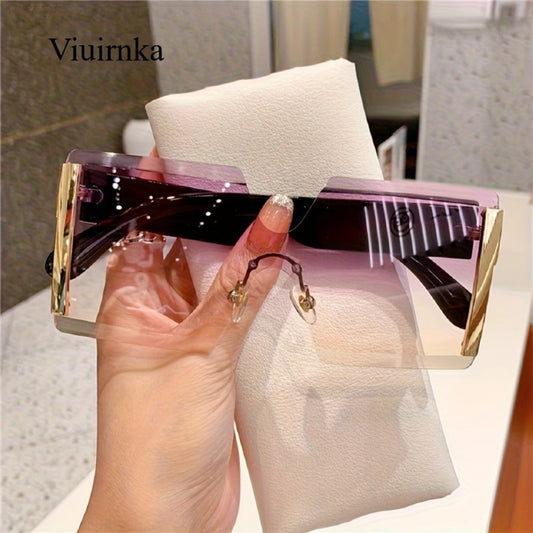 Sunglasses for Women - Oversized Frameless Glasses Gold Frame Retro Square Fashion Eyewear with - product detail view 2
