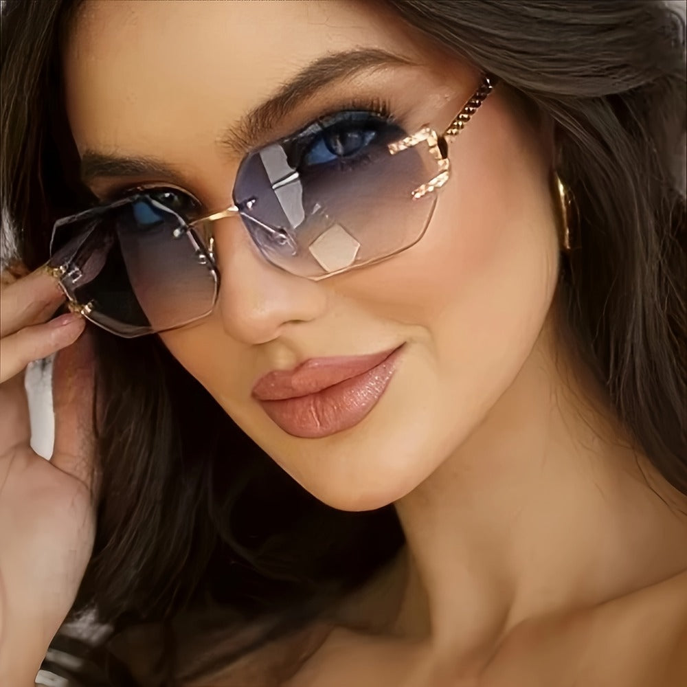 Sunglasses for Women - Oversized Gradient Polygonal Rimless Metal Frame Large Lens Fashion Shades - product detail view 2