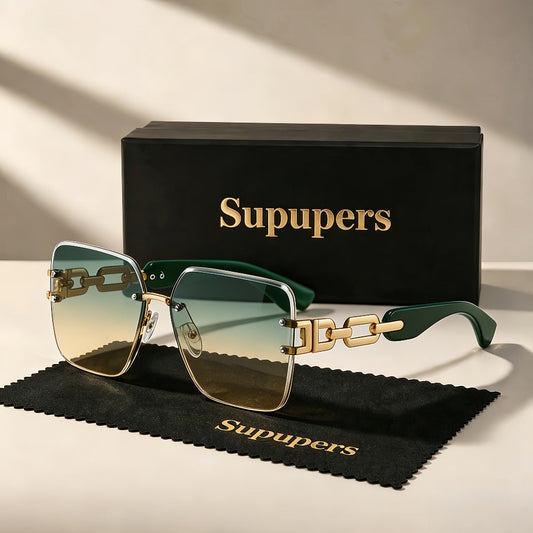 Sunglasses for Women - Oversized Square Luxury Gradient Lenses Gold Chain Temples Green Purple - main product view