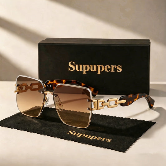 Sunglasses for Women - Oversized Square Luxury Gradient Lenses Gold Chain Temples Green Purple - product detail view 2