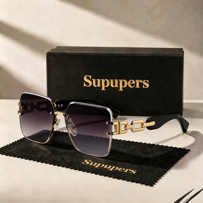 Sunglasses for Women - Oversized Square Luxury Gradient Lenses Gold Chain Temples Green Purple - product detail view 3