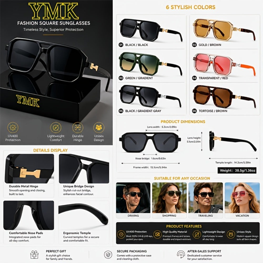 Sunglasses for Men - Oversized Square Retro Tortoiseshell Arms for Women Vintage 70s 90s - product detail view 14