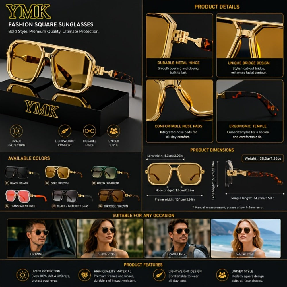 Sunglasses for Men - Oversized Square Retro Tortoiseshell Arms for Women Vintage 70s 90s - product detail view 15