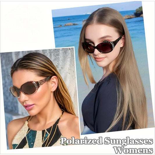 Sunglasses for Women - Polarized 2 Pairs Rhinestone Oval Frame Designer Style Trendy Shades Deep - product detail view 2