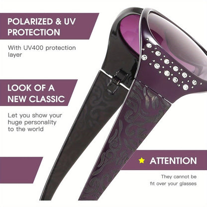 Sunglasses for Women - Polarized 2 Pairs Rhinestone Oval Frame Designer Style Trendy Shades Deep - product detail view 10