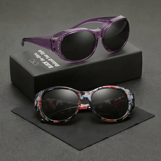 Sunglasses - Polarized Fit Over Glasses for Women 2 Pack, Rhinestone Accent Wraparound - main product view