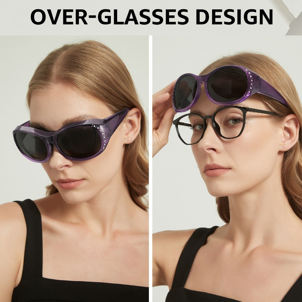 Sunglasses - Polarized Fit Over Glasses for Women 2 Pack, Rhinestone Accent Wraparound - product detail view 4