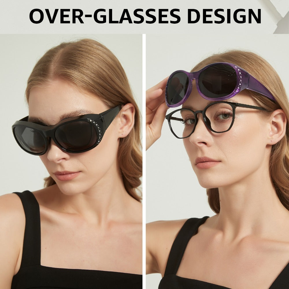 Sunglasses - Polarized Fit Over Glasses for Women 2 Pack, Rhinestone Accent Wraparound - product detail view 12