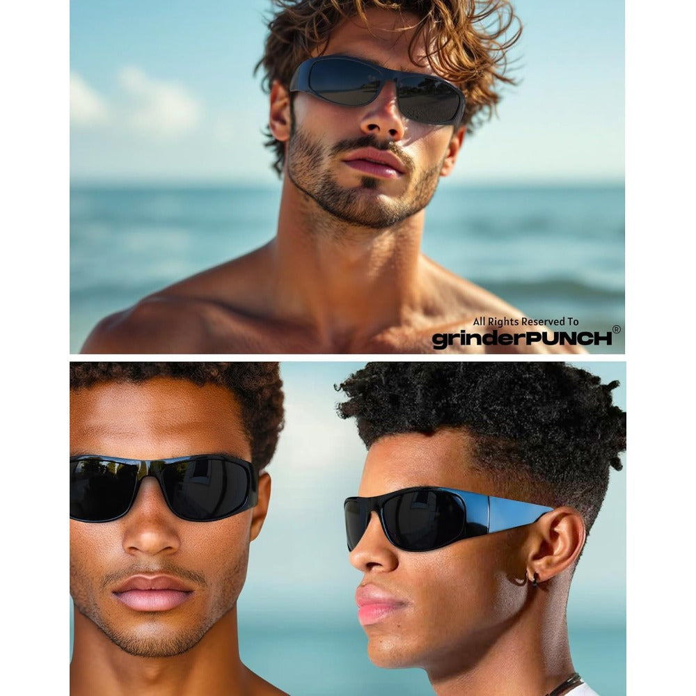 Sunglasses for Men - Polarized Wrap Around Super Dark Lens Lightweight Glossy Matte Frame Black - product detail view 2
