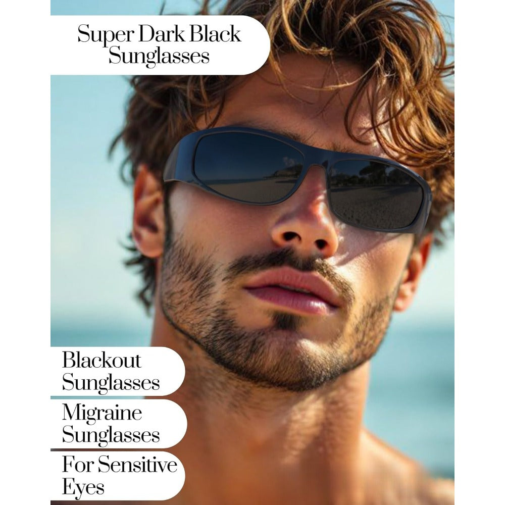 Sunglasses for Men - Polarized Wrap Around Super Dark Lens Lightweight Glossy Matte Frame Black - product detail view 4