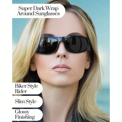 Sunglasses for Men - Polarized Wrap Around Super Dark Lens Lightweight Glossy Matte Frame Black - product detail view 14