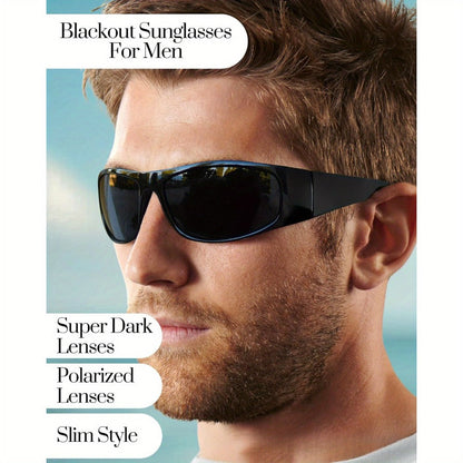 Sunglasses for Men - Polarized Wrap Around Super Dark Lens Lightweight Glossy Matte Frame Black - product detail view 15
