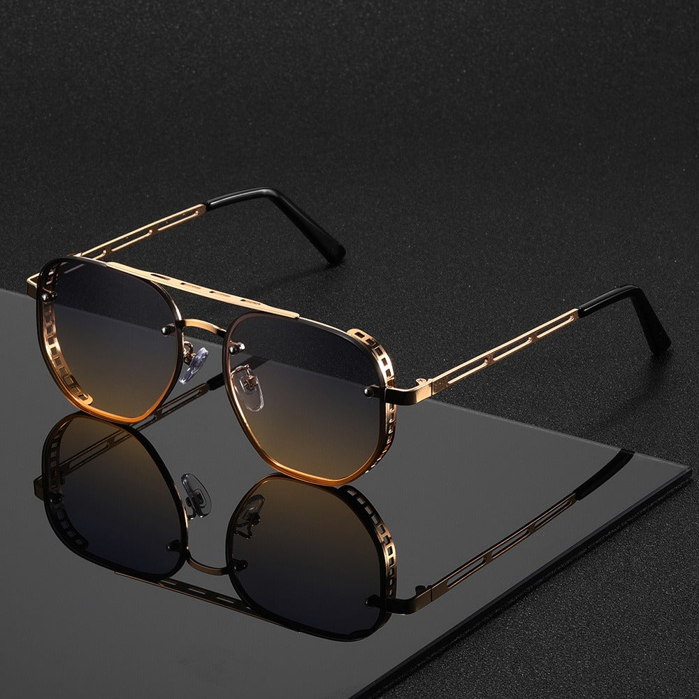 Sunglasses for Men - Retro Punk Oversized Round - Hollow Gold Metal Frame Gradient Lens for - product detail view 4
