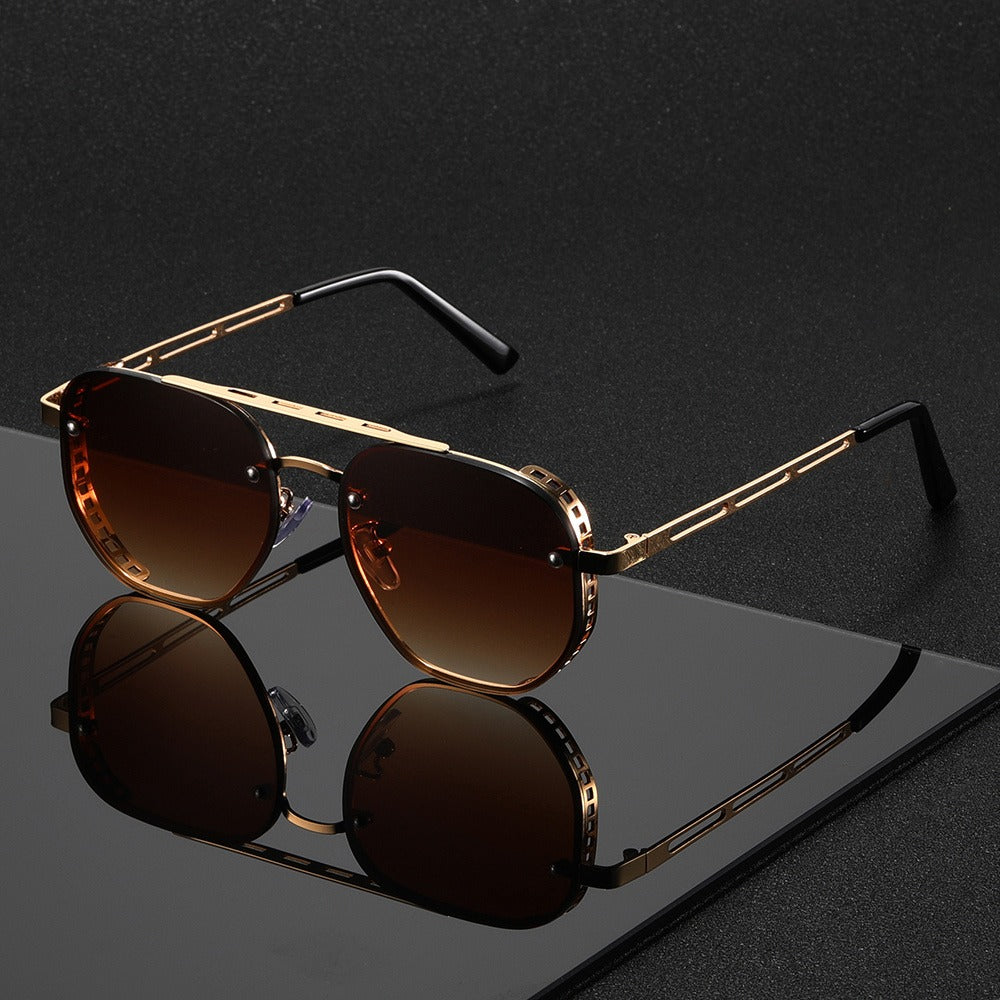 Sunglasses for Men - Retro Punk Oversized Round - Hollow Gold Metal Frame Gradient Lens for - product detail view 5