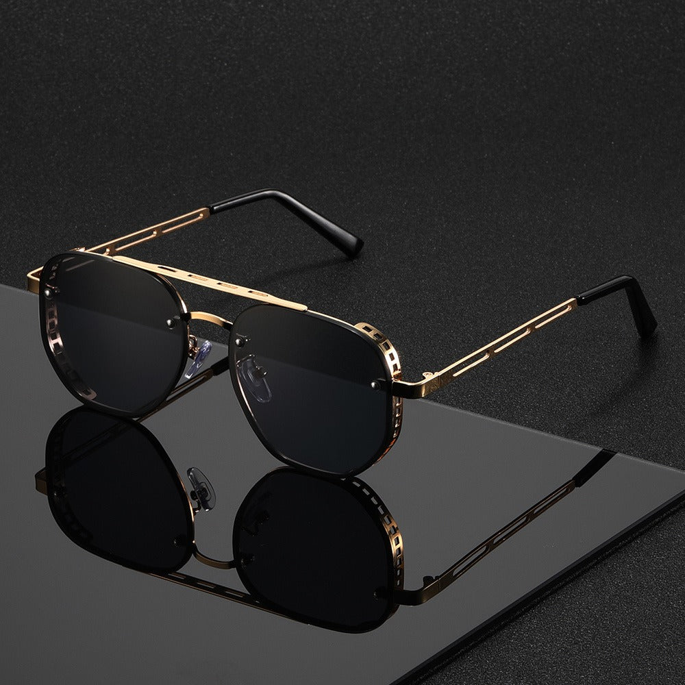 Sunglasses for Men - Retro Punk Oversized Round - Hollow Gold Metal Frame Gradient Lens for - product detail view 6