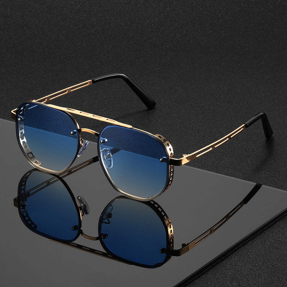 Sunglasses for Men - Retro Punk Oversized Round - Hollow Gold Metal Frame Gradient Lens for - product detail view 9