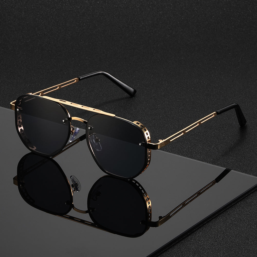 Sunglasses for Men - Retro Punk Oversized Round - Hollow Gold Metal Frame Gradient Lens for - product detail view 13