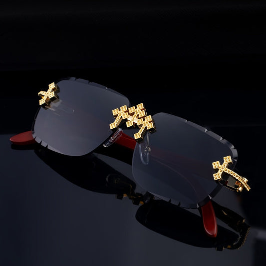 Sunglasses for Men - Rimless Glasses for Frameless Square Retro Wood Grain Design, Gradient PC - main product view