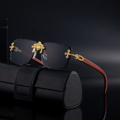 Sunglasses for Men - Rimless Glasses for Frameless Square Retro Wood Grain Design, Gradient PC - product detail view 2