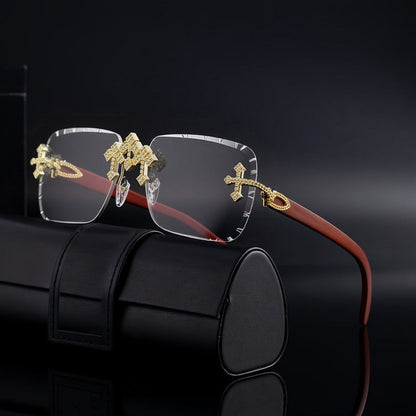 Sunglasses for Men - Rimless Glasses for Frameless Square Retro Wood Grain Design, Gradient PC - product detail view 4