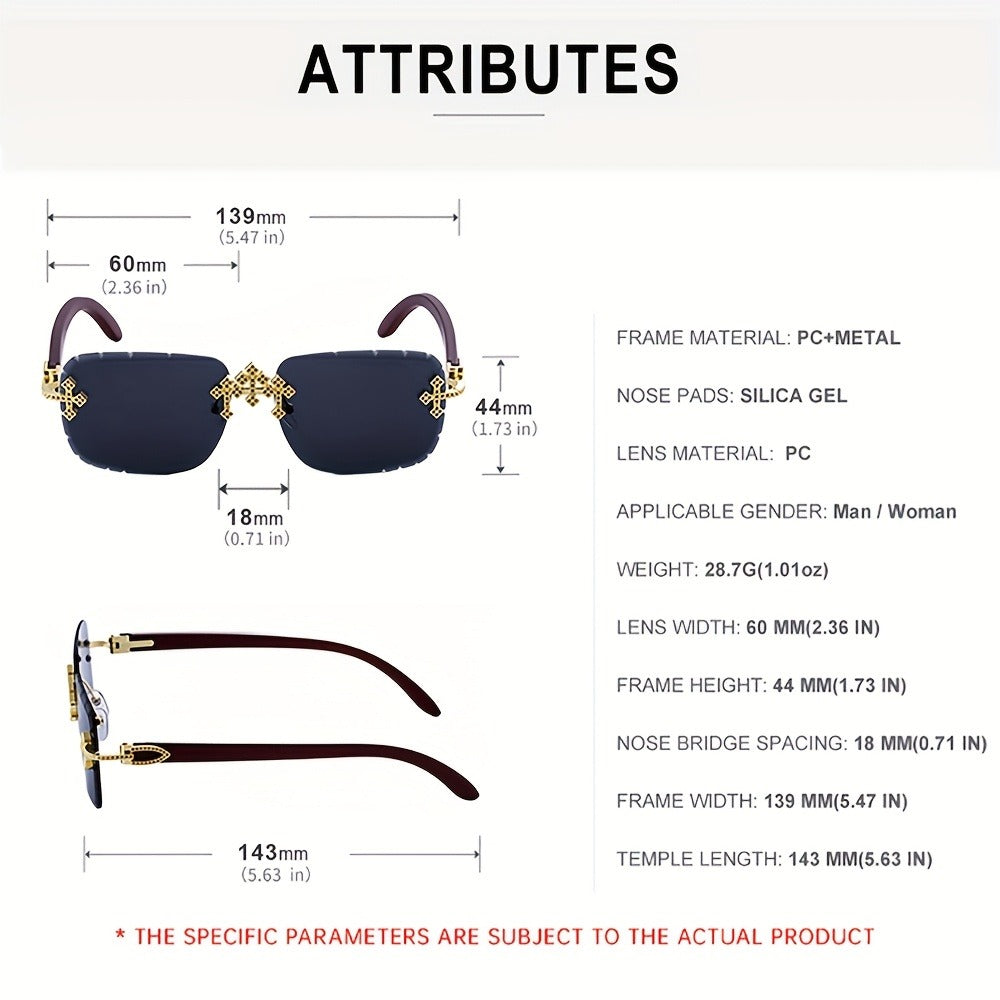 Sunglasses for Men - Rimless Glasses for Frameless Square Retro Wood Grain Design, Gradient PC - product detail view 6