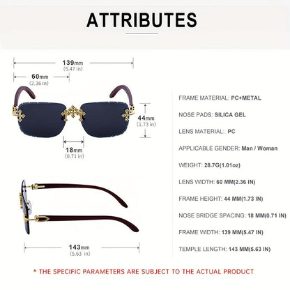 Sunglasses for Men - Rimless Glasses for Frameless Square Retro Wood Grain Design, Gradient PC - product detail view 6