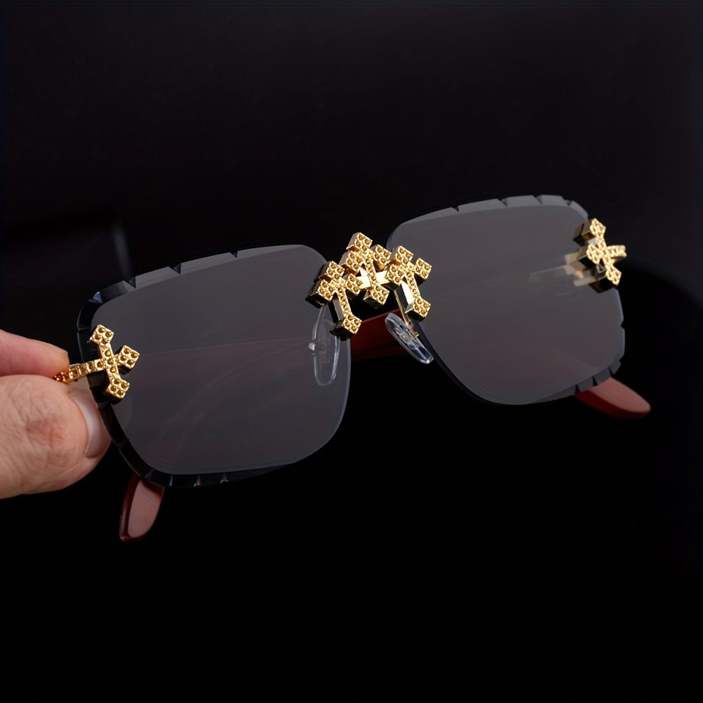 Sunglasses for Men - Rimless Glasses for Frameless Square Retro Wood Grain Design, Gradient PC - product detail view 7