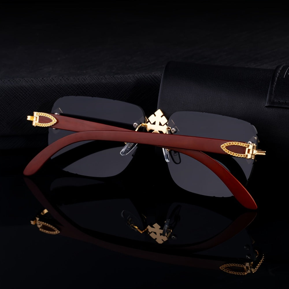 Sunglasses for Men - Rimless Glasses for Frameless Square Retro Wood Grain Design, Gradient PC - product detail view 8