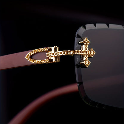 Sunglasses for Men - Rimless Glasses for Frameless Square Retro Wood Grain Design, Gradient PC - product detail view 9