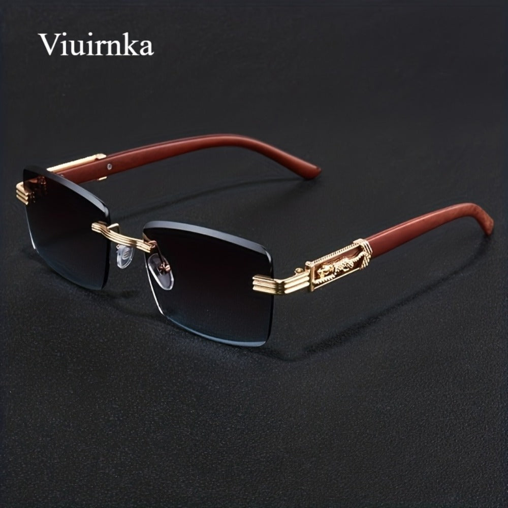 Sunglasses for Men - Rimless Rectangle Glasses for Women , Vintage Leopard Temple Design - product detail view 9