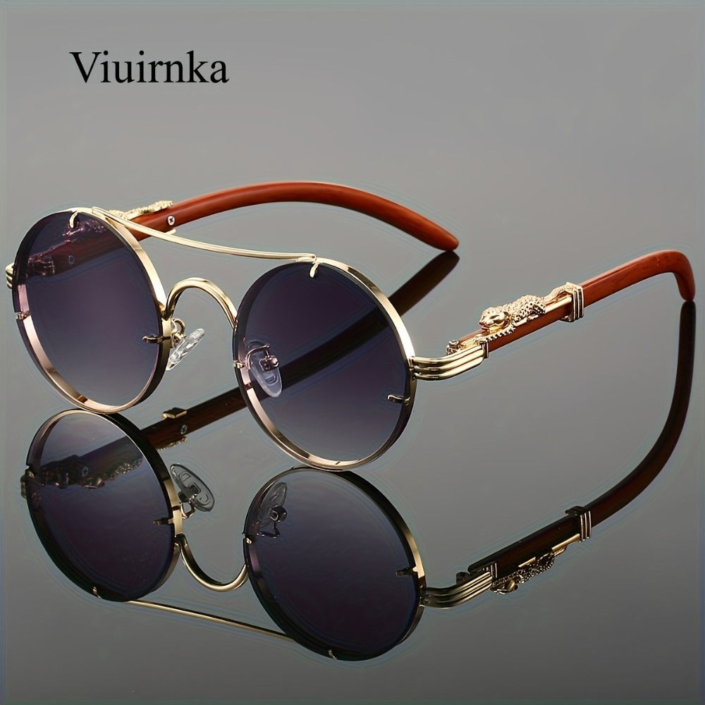 Sunglasses for Men - Round Metal Frame Double Bridge Gradient Lenses Leopard Hinge Luxury - product detail view 3