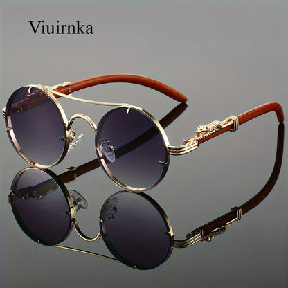 Sunglasses for Men - Round Metal Frame Double Bridge Gradient Lenses Leopard Hinge Luxury - product detail view 3