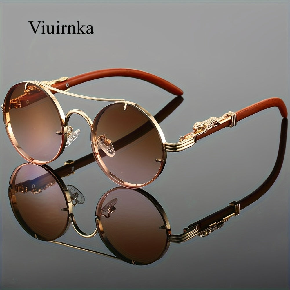 Sunglasses for Men - Round Metal Frame Double Bridge Gradient Lenses Leopard Hinge Luxury - product detail view 6