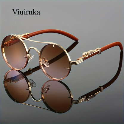 Sunglasses for Men - Round Metal Frame Double Bridge Gradient Lenses Leopard Hinge Luxury - product detail view 6