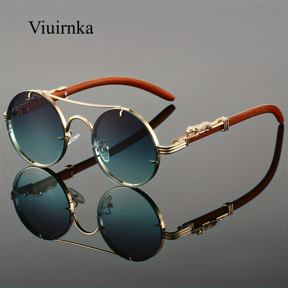 Sunglasses for Men - Round Metal Frame Double Bridge Gradient Lenses Leopard Hinge Luxury - product detail view 7