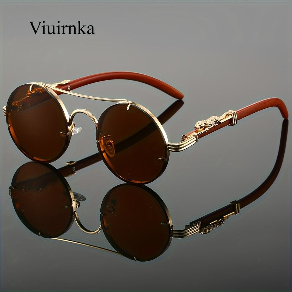 Sunglasses for Men - Round Metal Frame Double Bridge Gradient Lenses Leopard Hinge Luxury - product detail view 8