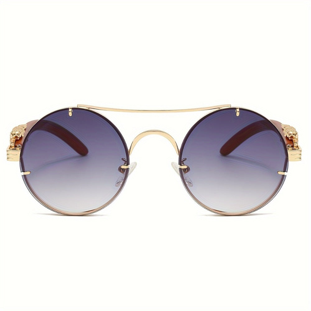 Sunglasses for Men - Round Metal Frame Double Bridge Gradient Lenses Leopard Hinge Luxury - product detail view 15