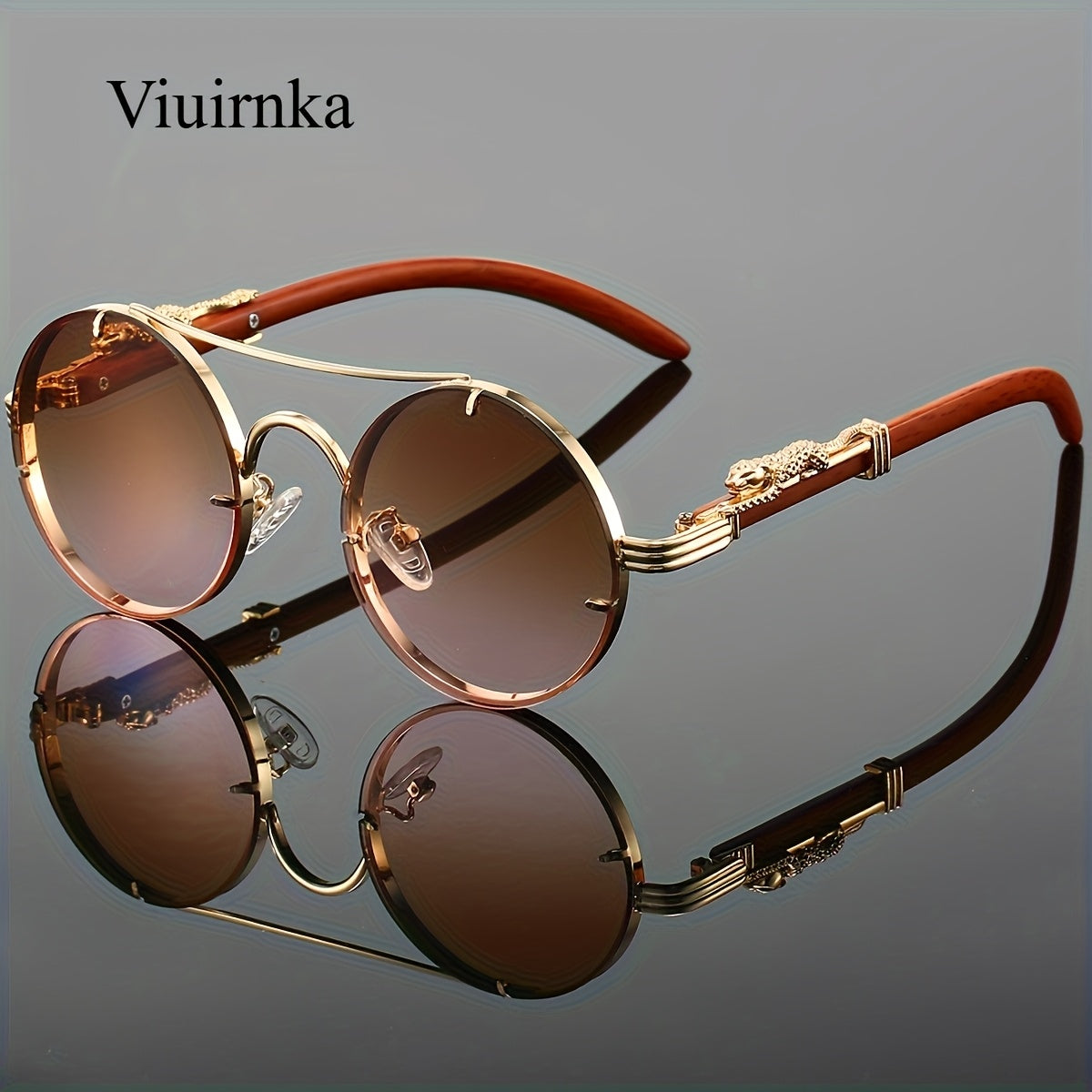 Sunglasses for Men - Round Metal Frame Double Bridge Gradient Lenses Leopard Hinge Luxury - product detail view 24