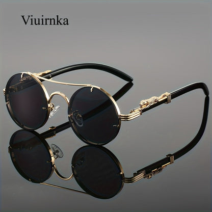 Sunglasses for Men - Round Women Metal Frame Double Bridge Gradient PC Lenses Leopard Hinge - product detail view 2