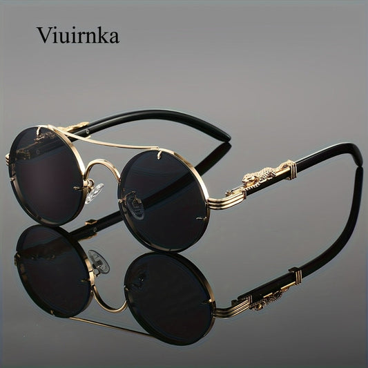 Sunglasses for Men - Round Women Metal Frame Double Bridge Gradient PC Lenses Leopard Hinge - product detail view 2