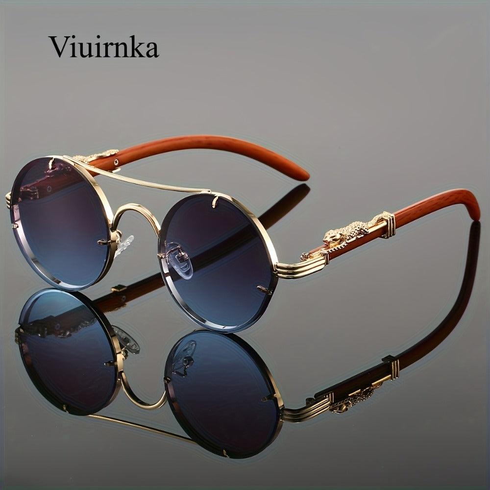 Sunglasses for Men - Round Women Metal Frame Double Bridge Gradient PC Lenses Leopard Hinge - product detail view 6