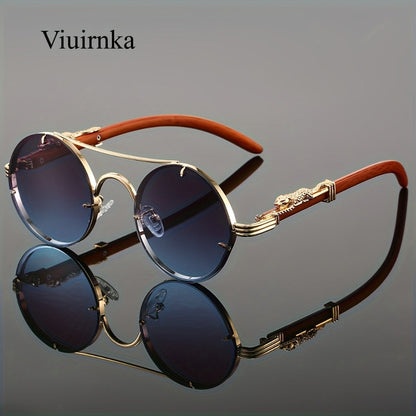 Sunglasses for Men - Round Women Metal Frame Double Bridge Gradient PC Lenses Leopard Hinge - product detail view 6