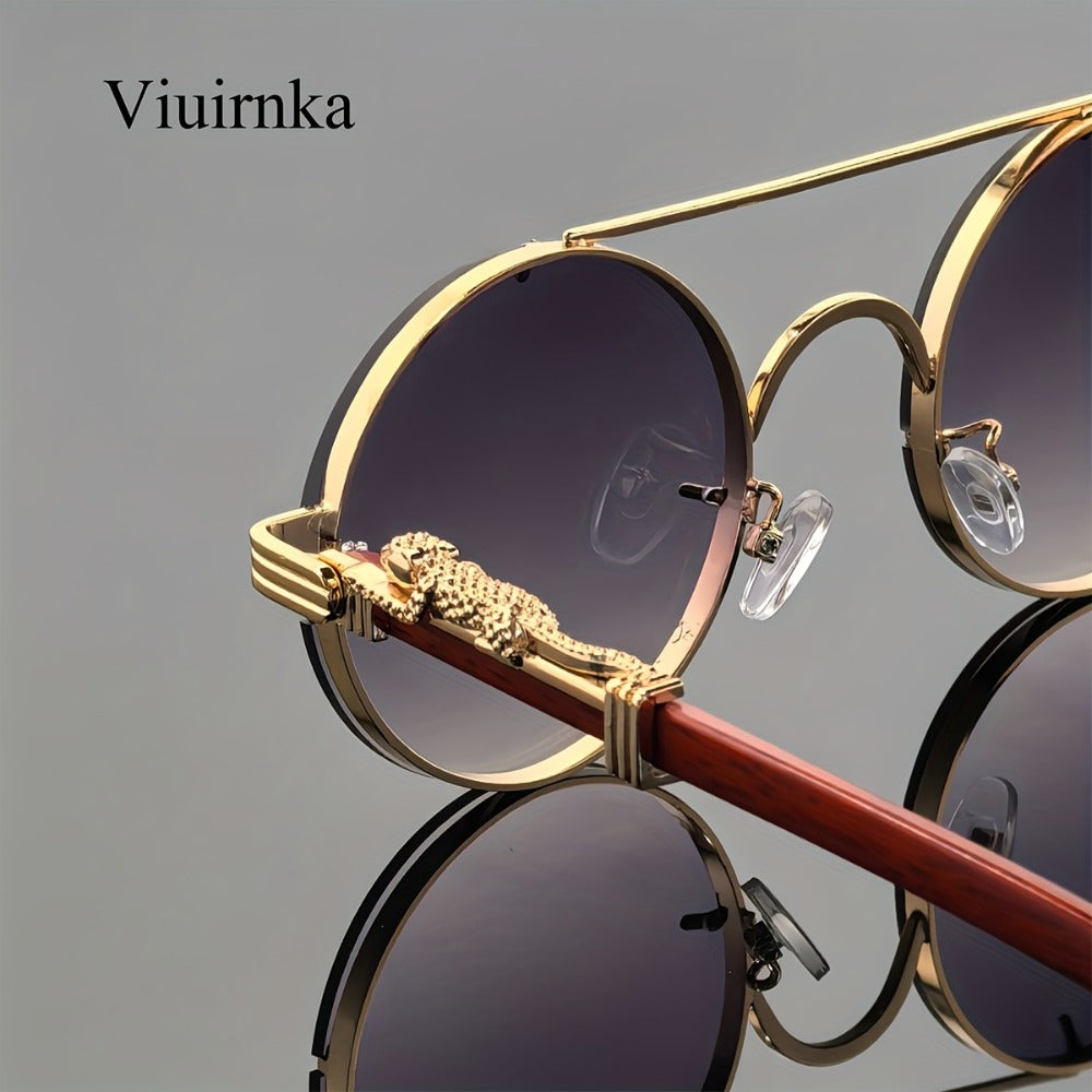 Sunglasses for Men - Round Women Metal Frame Double Bridge Gradient PC Lenses Leopard Hinge - product detail view 8