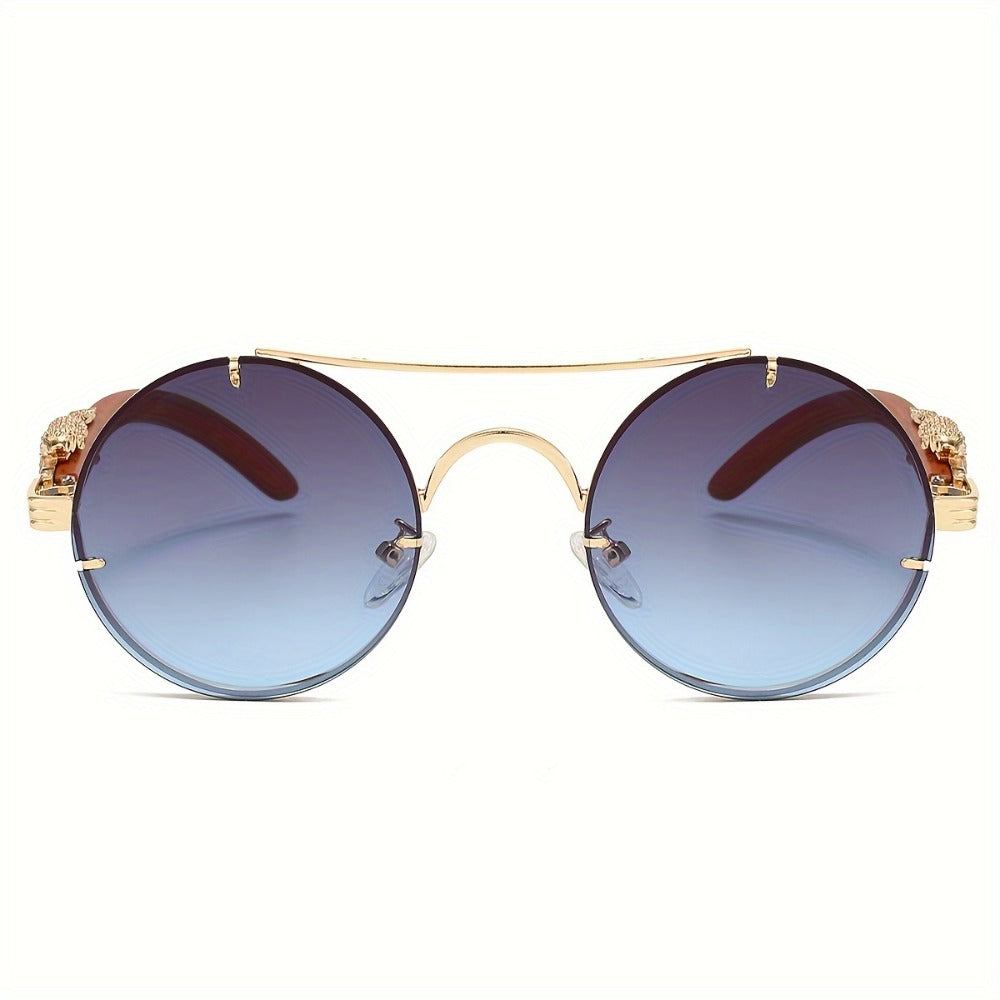 Sunglasses for Men - Round Women Metal Frame Double Bridge Gradient PC Lenses Leopard Hinge - product detail view 13