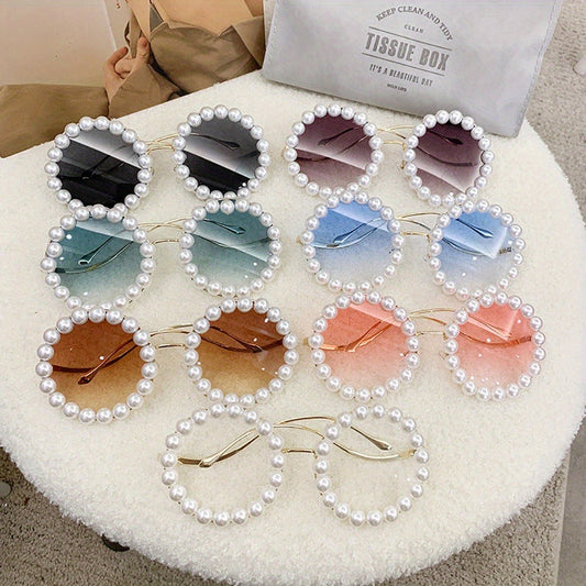 Sunglasses for Women - Round Pearl Frame Gold Wave Temple Full Rim Fashion Glasses for Summer - main product view