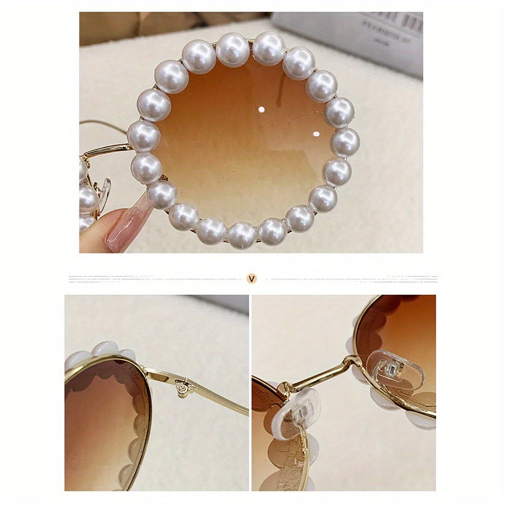 Sunglasses for Women - Round Pearl Frame Gold Wave Temple Full Rim Fashion Glasses for Summer - product detail view 4
